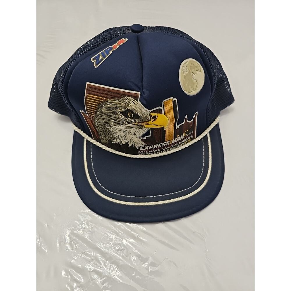 VINTAGE US Mail Blue 80s Eagle Embroidered Logo Trucker Hat Zip+4 Moon MESH Cap